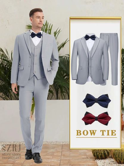Men's 5-Piece Business Suit Set: Jacket+Vest+Pants+2 Bow Ties (Red+Blue).Premium, Tailored， For Parties, Weddings, Business.