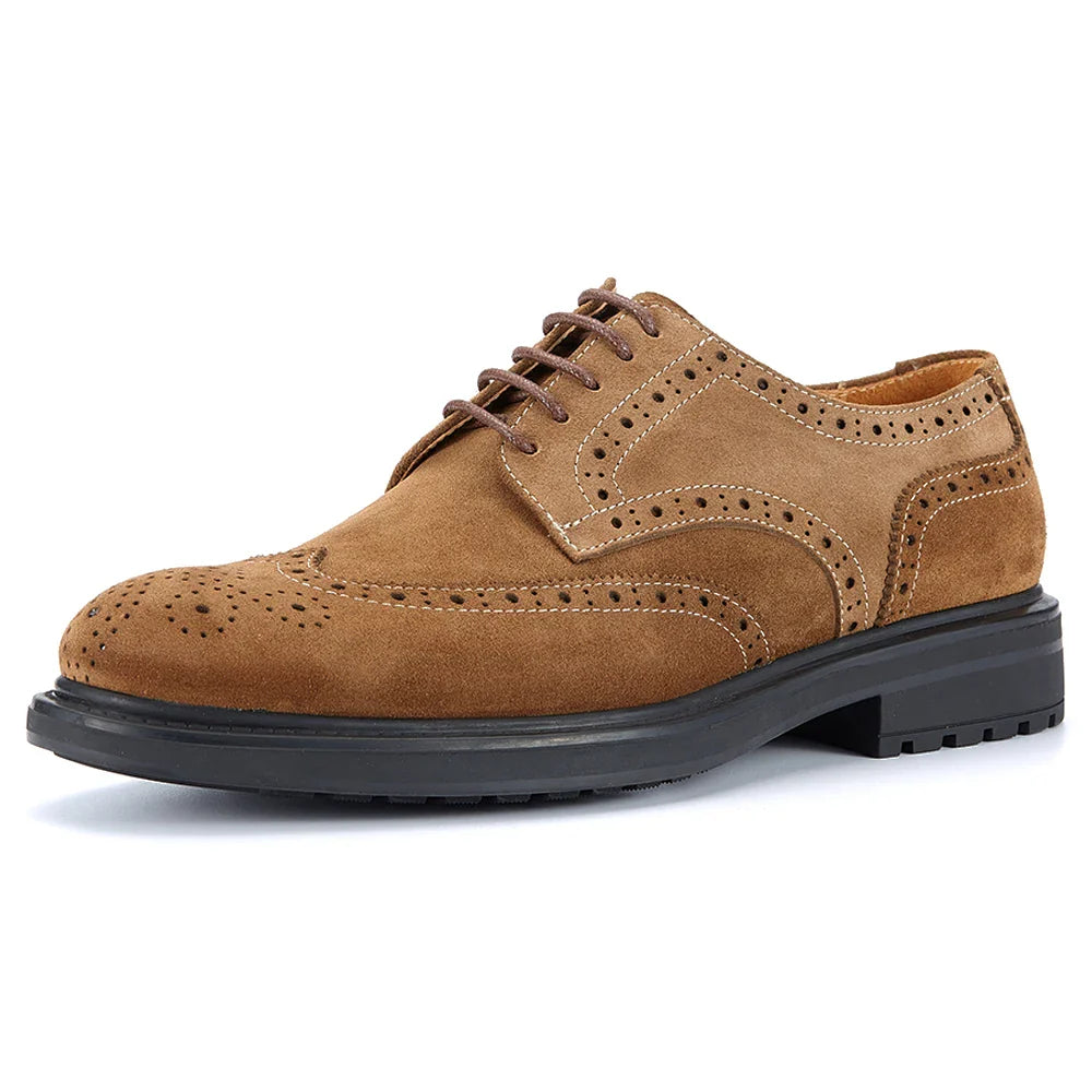 Men's Brogue Suede Leather Shoes, Handmade Carved Lace-up Derby Oxfords, Premium Cow Suede Upper Formal Business Casual Footwear