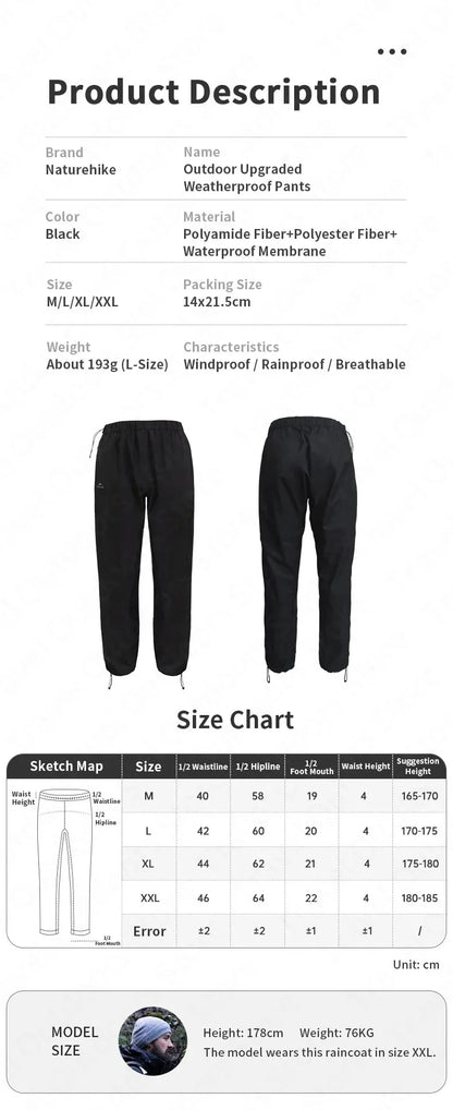 Naturehike Rainproof Pants Outdoor Hiking travel Waterproof Breathable Fishing Pants Ultralight Portable Windproof Camping Pants