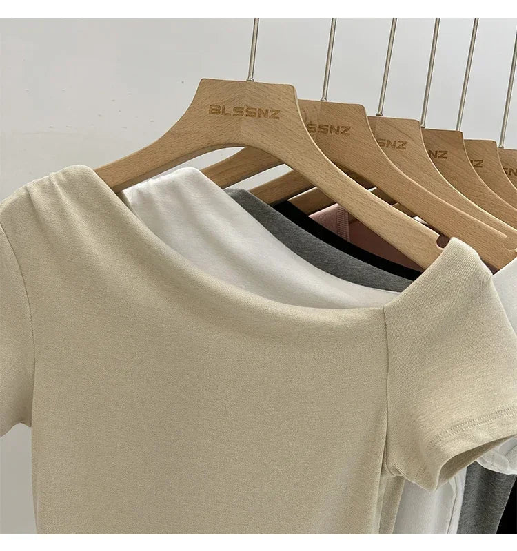 Womens Long Sleeve Off Shoulder T Shirts 2026 Tight Knit Sexy Slim Fitted Casual Women's Basic Tops Cropped T-Shirt