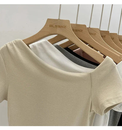 Womens Long Sleeve Off Shoulder T Shirts 2026 Tight Knit Sexy Slim Fitted Casual Women's Basic Tops Cropped T-Shirt