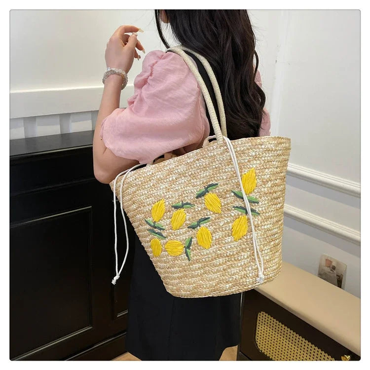 Embroidery Fruit Solid Color Shoulder Bag Straw Woven Hollow Versatile 2025 High Quality Bags for Women New Beach Handbags