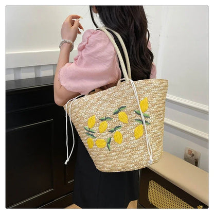 Embroidery Fruit Solid Color Shoulder Bag Straw Woven Hollow Versatile 2025 High Quality Bags for Women New Beach Handbags