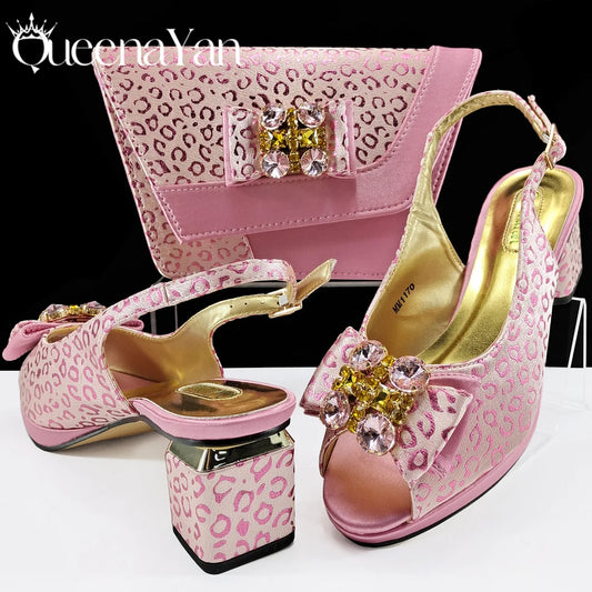 Shiny Italian Fashion Pointed Toe Women Heel Fashion Rhinestone Decoration Pink Color Shoes And Bag Set