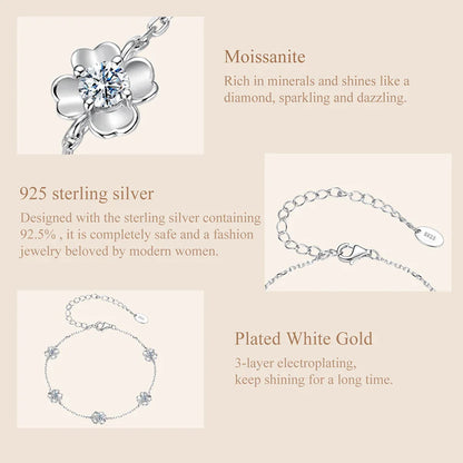 925 Sterling Silver 0.5CT Clover Moissanite Bracelet Flower Chain Link Adjustable for Women Birthday Jewelry Lucky Gift