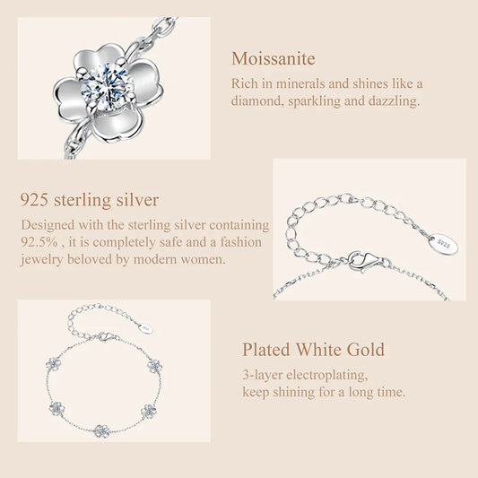 925 Sterling Silver 0.5CT Clover Moissanite Bracelet Flower Chain Link Adjustable for Women Birthday Jewelry Lucky Gift