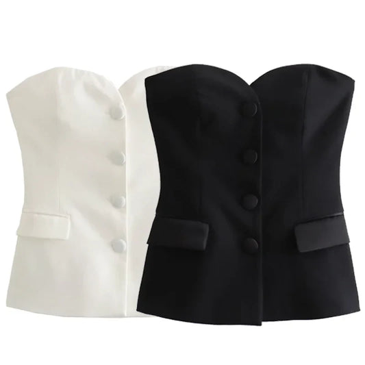 2025 Women Crop Corset Top Summer Tanks & Camis White Black Tank Top Button Off Shoulder Sleeveless Tube Top Fashion Vests