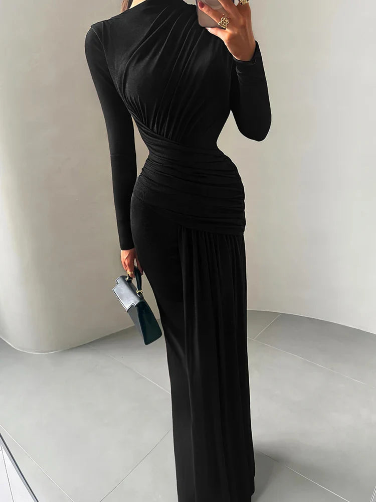 Maxi Dress Women o-Neck Full Sleeve Solid Banquet Elegant Vacation Fashion Autumn Skinny Casual Simple Vestido