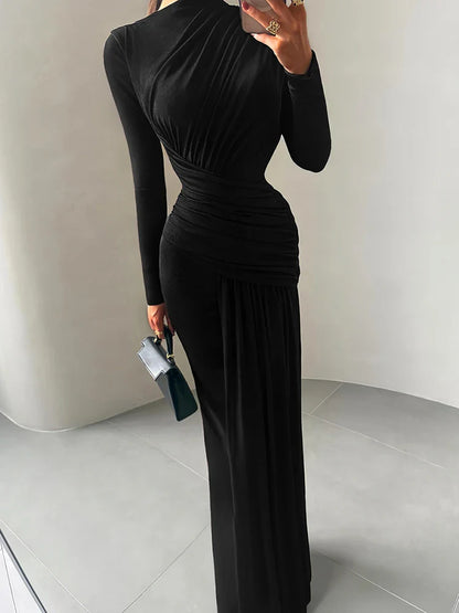 Maxi Dress Women o-Neck Full Sleeve Solid Banquet Elegant Vacation Fashion Autumn Skinny Casual Simple Vestido