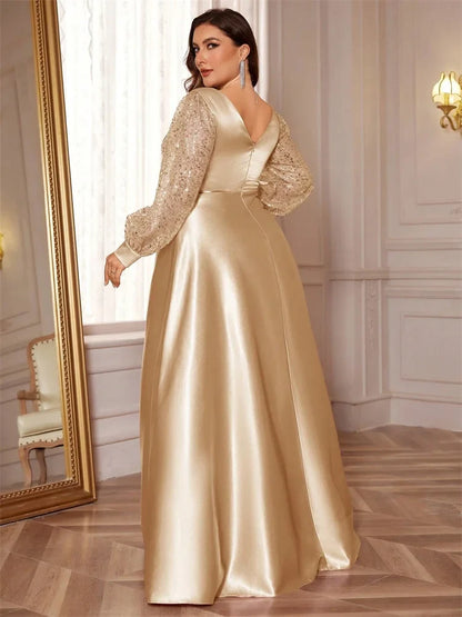 Plus Size Luxury Green V-Neck Sequins Evening Dress Elegant Women Party Maxi Dress Long Sleeve Cocktail Gowns Prom