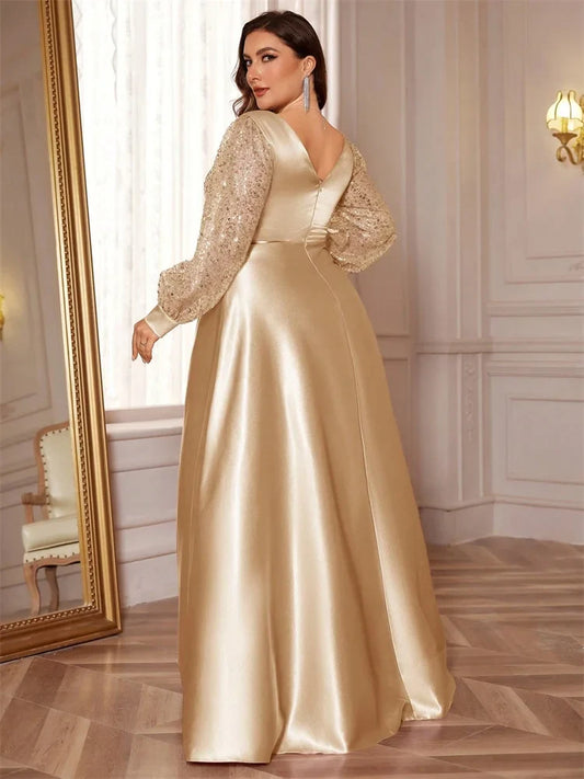 Plus Size Luxury Green V-Neck Sequins Evening Dress Elegant Women Party Maxi Dress Long Sleeve Cocktail Gowns Prom