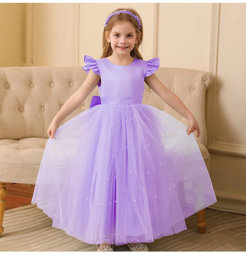 Summer Girl Flower Birthday Tulle Dress Backless Bow Wedding Gown Piano Kids Party Wear Princess Dress Baby Girl Bowknot Dresses