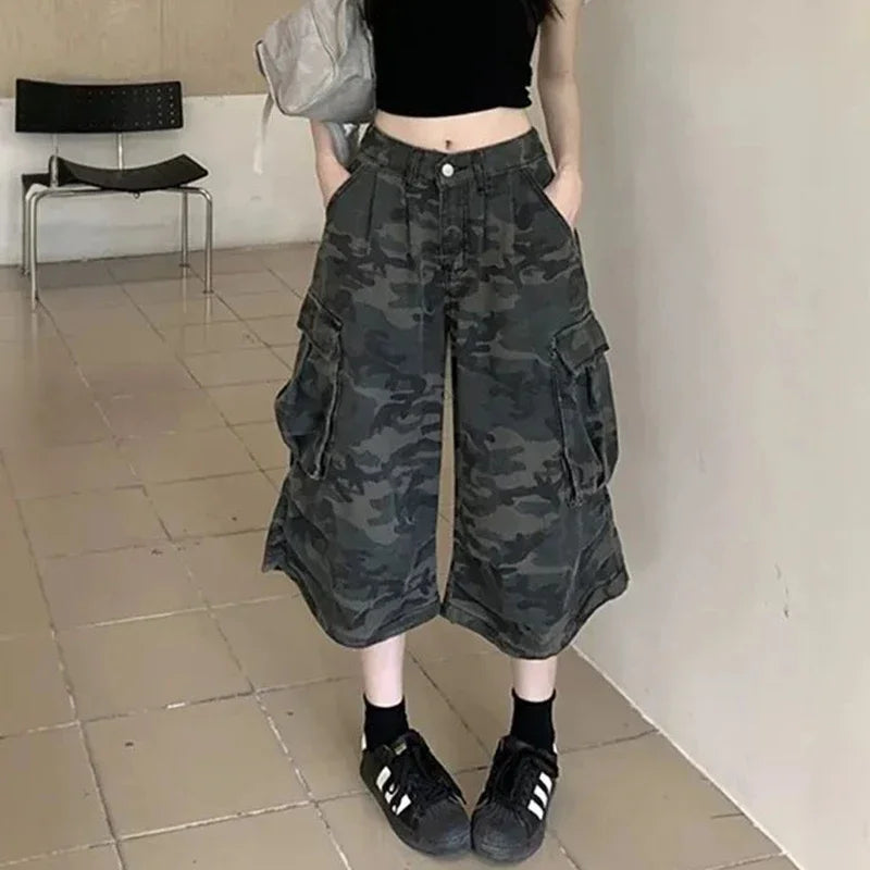 Vintage Baggy Cropped Jeans Pants Girls Fashion High Waist Denim Pants