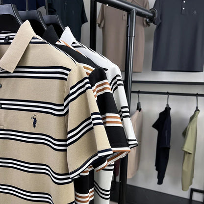 Men's Short Sleeve Embroidered Striped Polo Shirt Summer High End Brand Fashion Business Breathable Lapel T-shirt Men's Clothing
