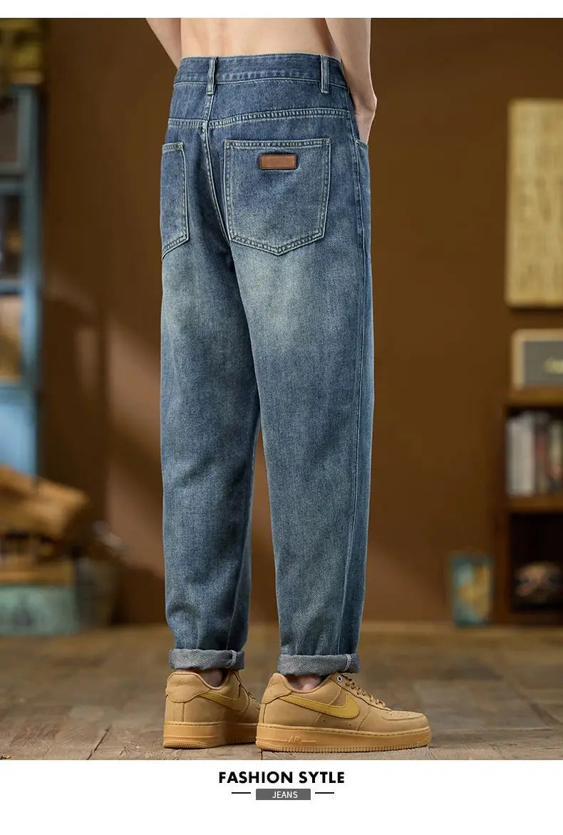 Jeans Denim Straight Pants Men Washed Distressed Mid Waist Pockets 2025 Streetwear Basics Ankle Length Trousers Vintage Denims