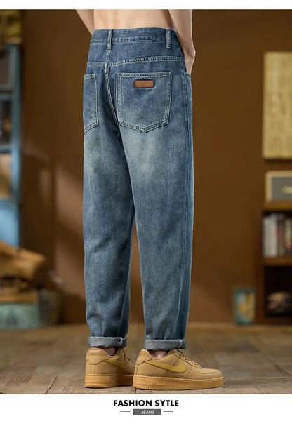 Jeans Denim Straight Pants Men Washed Distressed Mid Waist Pockets 2025 Streetwear Basics Ankle Length Trousers Vintage Denims