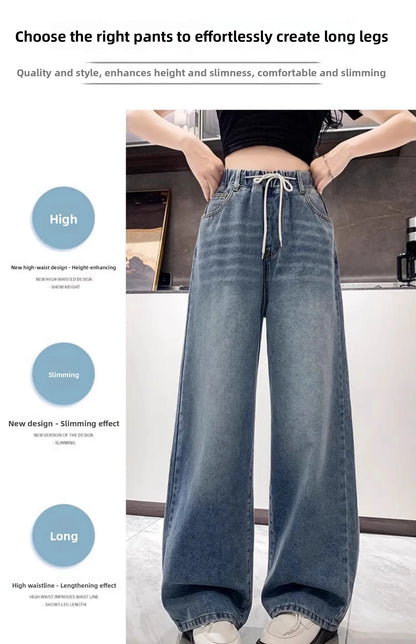 Calça Jeans Feminina Plus Size Folgada Cintura Alta Perna Larga Azul Claro Elástico na Cintura Cordão Calças Outono Moda Plus Size
