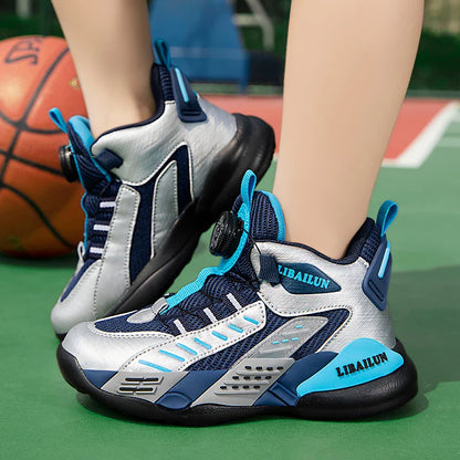 Kids Sneakers Basketball Shoes Boys Spring Fashion Rotating Button Anti-slip Shock Absorption School Students Sports Shoes