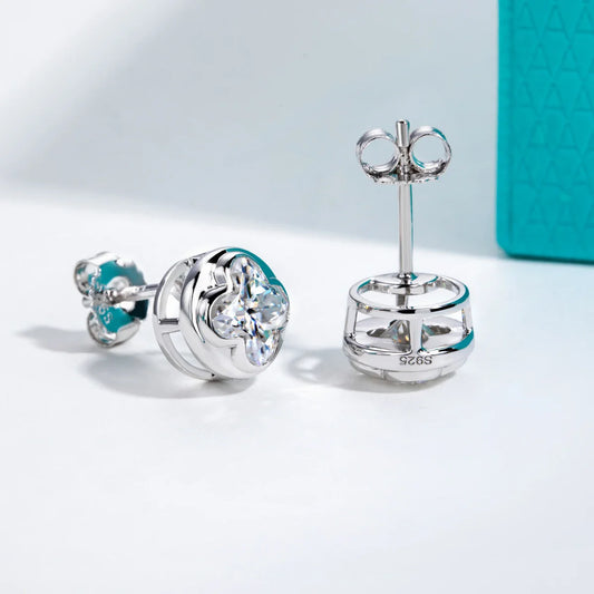 2cttw Four-Leaf Clover Cut Moissanite Bezel Earrings 925 Sterling Silver 18K Gold Plated Stud Earring for Women