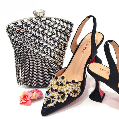 Gold New Shoes For Women Designer Pointed-Toe Luxury Wedding Peach Color Hollowed Out Design Bag and Shoes Matching Set