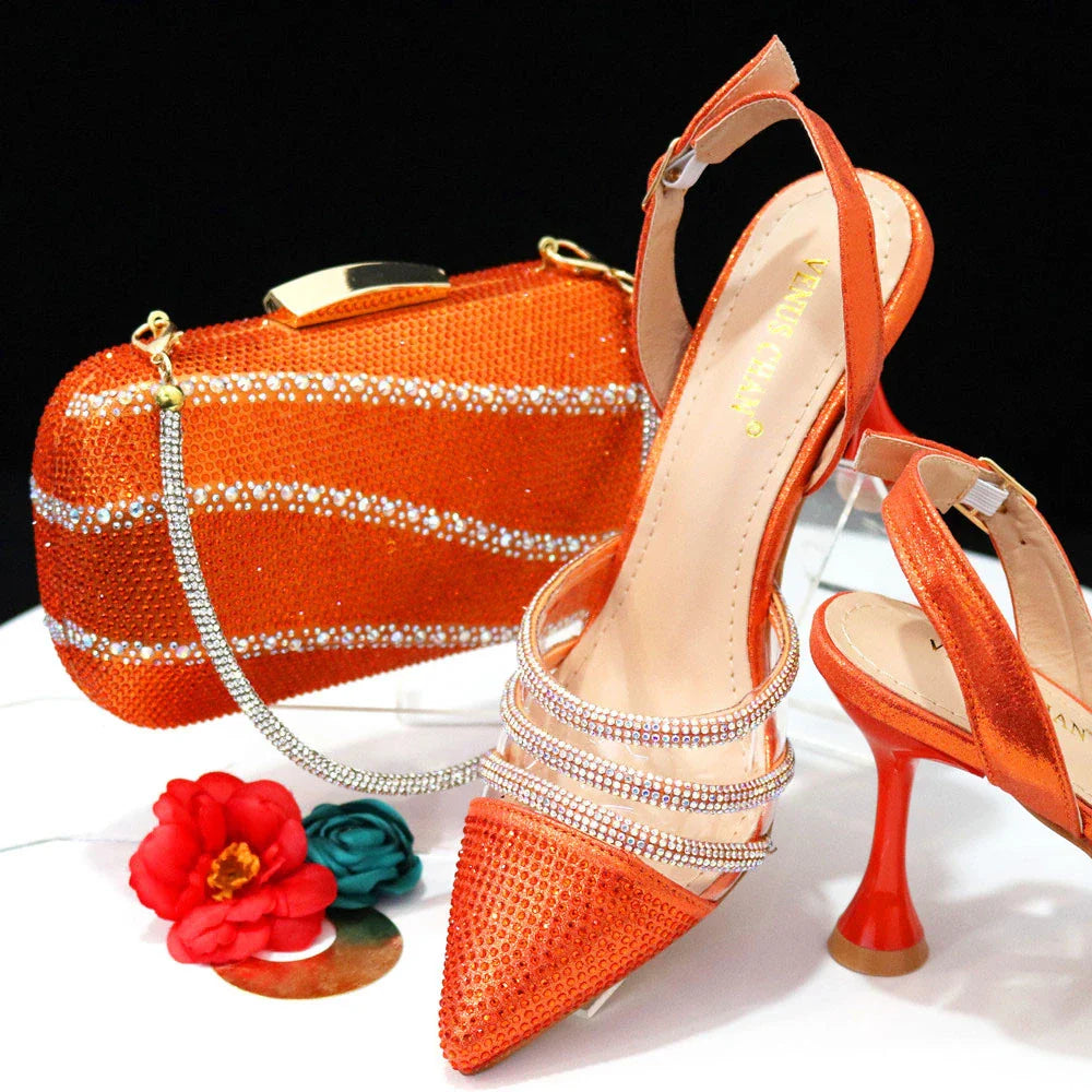 Newest INS Style Orange Color Elegant High Heels Nigeria Popular Design African Ladies Shoes And Bag Set
