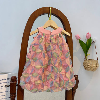 Girl Dress 2025 Summer New Girl Dress Princess Dress Little Girl Fashion Colorful Flower Yarn Dresses Kid Clothes