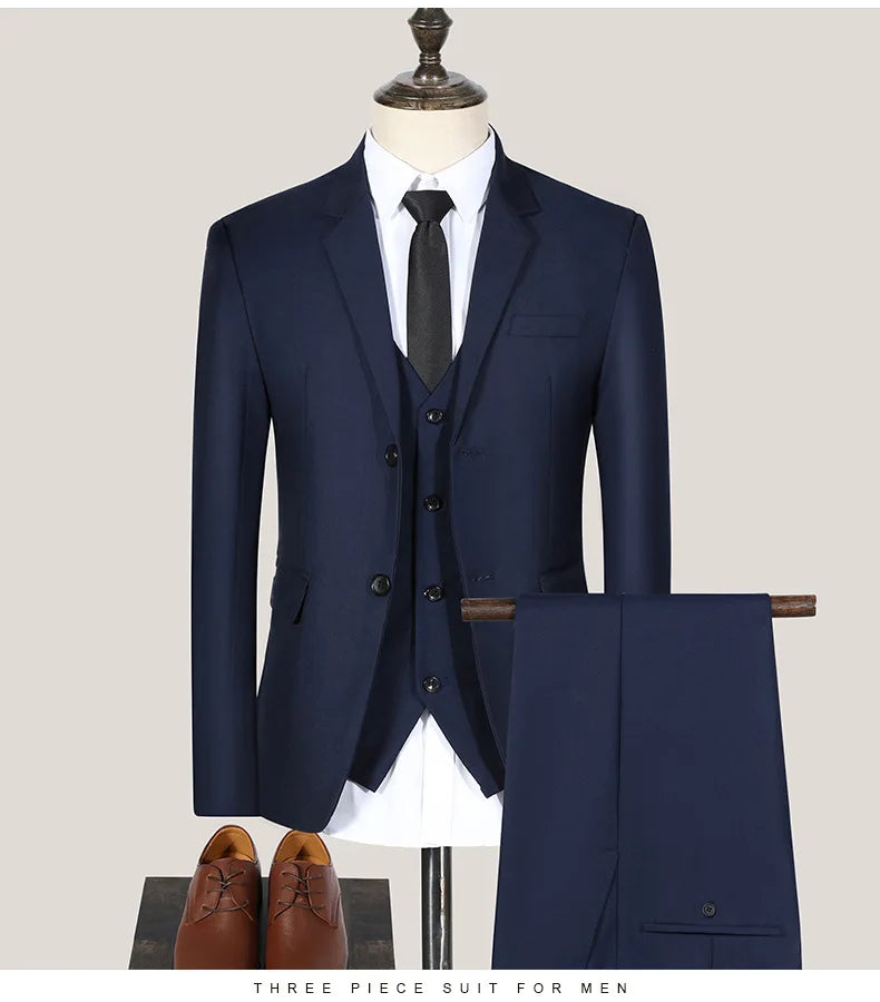 S-7XL Suit (Blazer+vest+pants) Business Dinner Gentleman Slim Gentleman Men British Style Dress Best Man Solid Color Group Suit