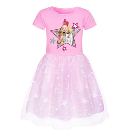 2025 Girls Princess Dress Kids Cute JOJO Siwa T Shirt Pleated Dresses Children Summer Vestidos Cartoon Birthday Party Clothes