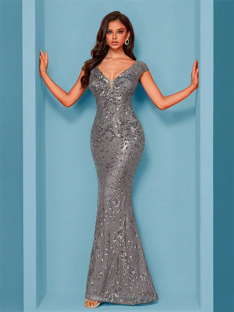 Elegant Champagne Evening Dress For Women Long 2024 Luxury Mermaid Formal Sequins Prom Wedding Party Cocktail Dresses