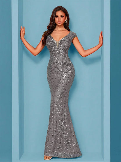 Elegant Champagne Evening Dress For Women Long 2024 Luxury Mermaid Formal Sequins Prom Wedding Party Cocktail Dresses