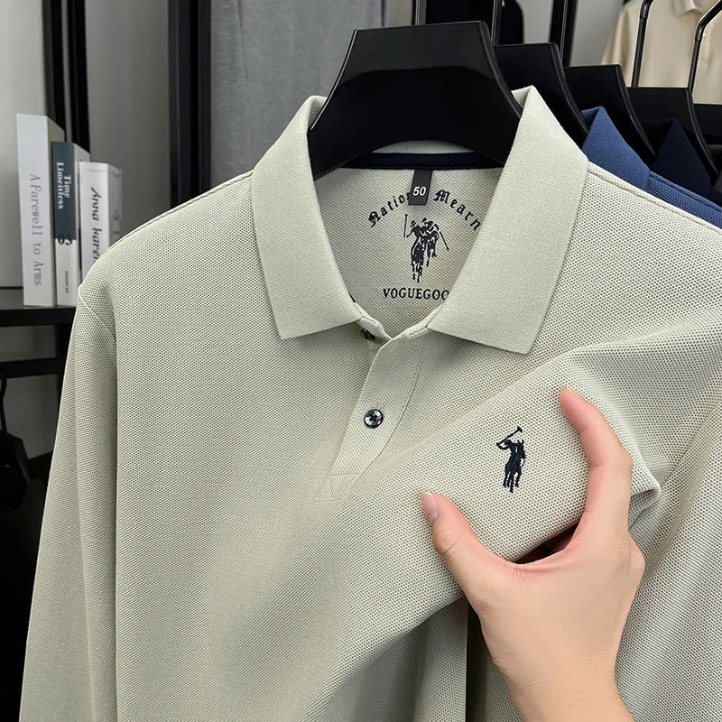 2025 New Cotton Long Sleeved T-shirt for Men, High End Embroidered Little Horse Logo Fashion Autumn/Winter Polo Top