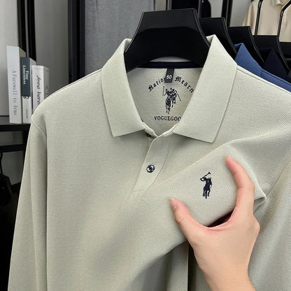 2025 New Cotton Long Sleeved T-shirt for Men, High End Embroidered Little Horse Logo Fashion Autumn/Winter Polo Top