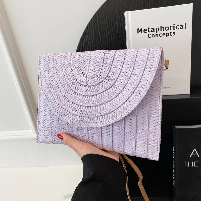 Straw Woven Shoulder Crossbody Bag Beach Clutch Handbag Casual Summer Handmade Envelope Bags for Women Totes Purse