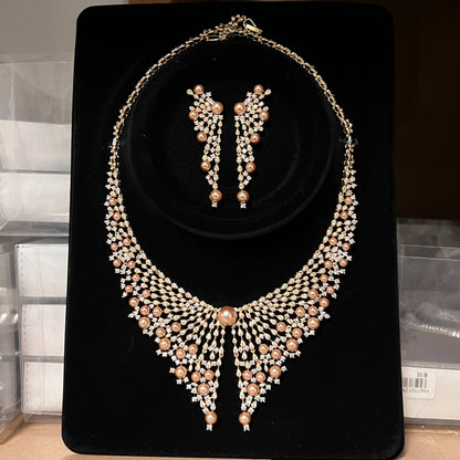Luxury Cubic Zirconia 2pcs Pearl Necklacе Nigeria Dubai Bridal Wedding Jewellery Sets For Women Party  Accessories