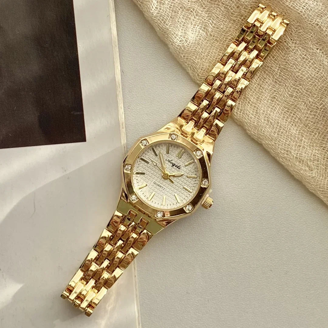 Women's Fashion Round Room Gold Steel Band Quartz Wristwatch Luxury Ladies Golden Watch for Women Clock Female Reloj