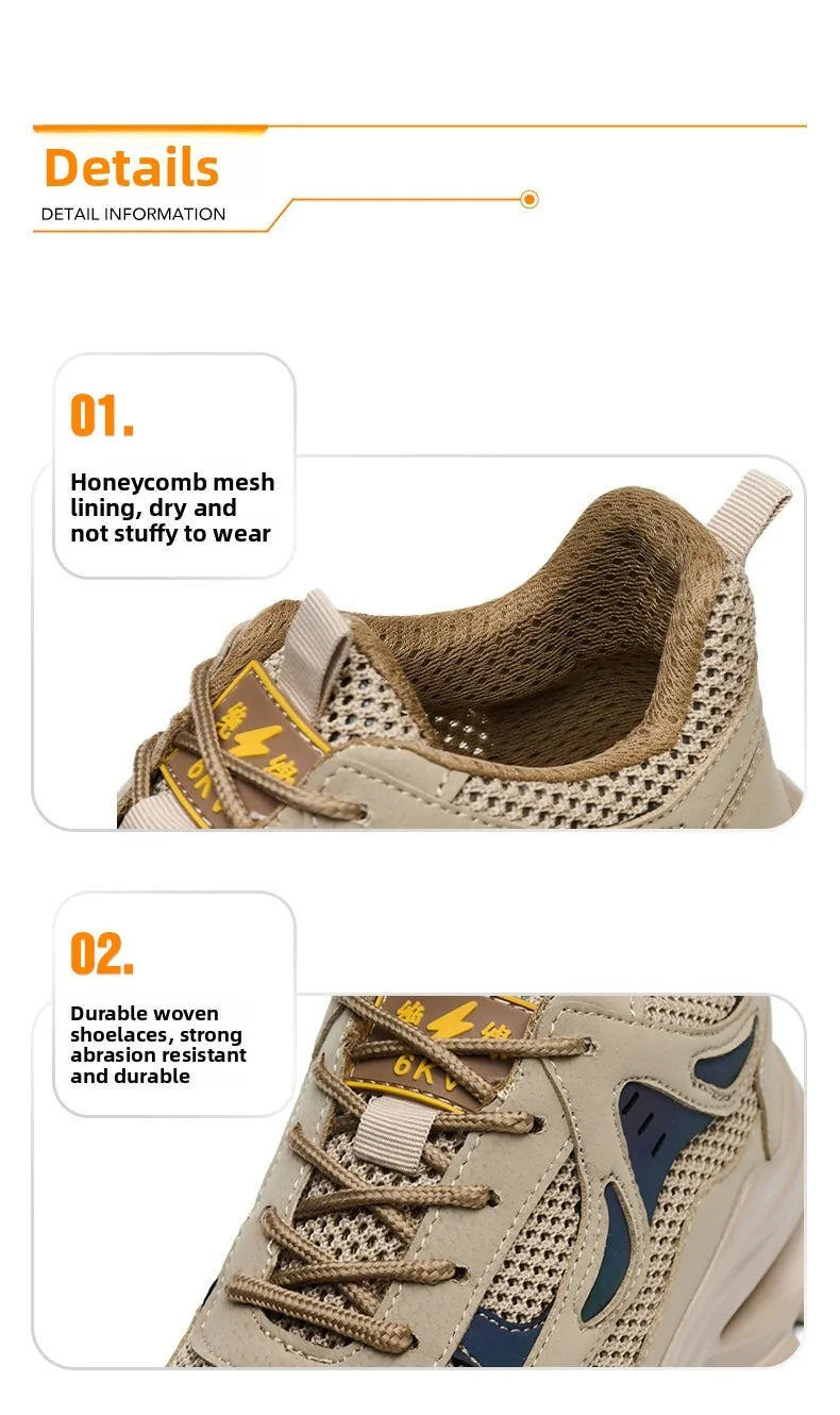 Summer Safety Shoes Anti-puncture Khaki Lightweight Breathable Men's Safety boots Durable Impact Resistant Work Sneaker