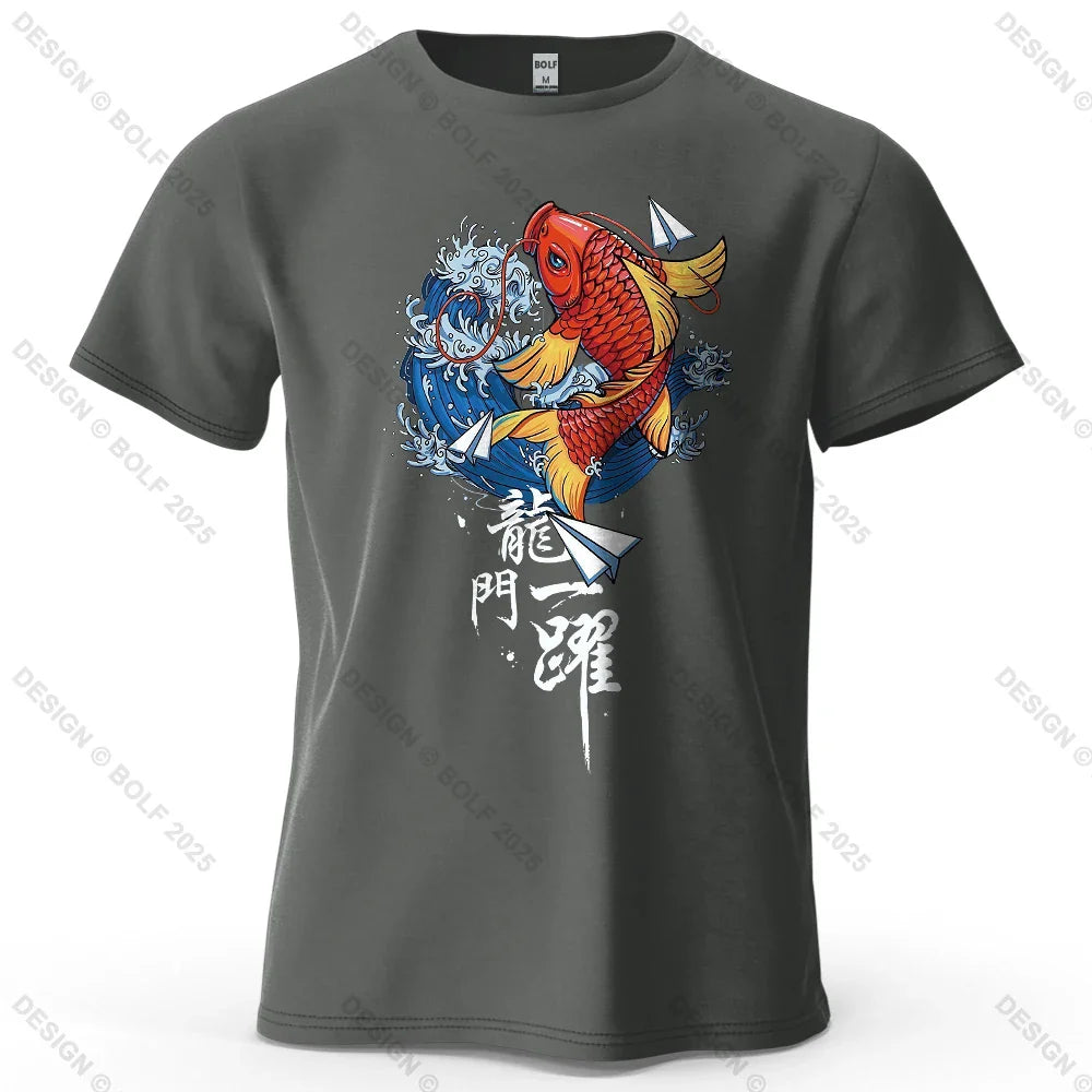 Dragon Gate Leap Printed Men's T-Shirt 100% Cotton Oversized Carp Good Luck Graphic Tees for Women Tops Tees Streetwear