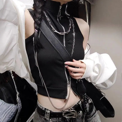 Gothic Style Stitching High Street Style Hot Girl Spaghetti Straps Sleeveless Cardigan Vest Slimming Slim Fit Top for Women INS