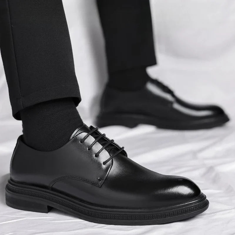 Black Round Toe Lace Up Men's Formal Shoes Spring Autumn Legitimate Leather Official 2025 Style Gentleman Trend Social Shoe Male