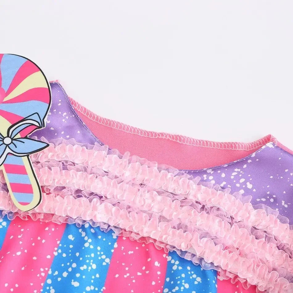 Presente Clássico para Festa de Carnaval de Purim para Meninas Vestido Arco-Íris Assimétrico Longo e Curto com Manga Doce Conjunto de Vestidos Fofos para Férias de Natal