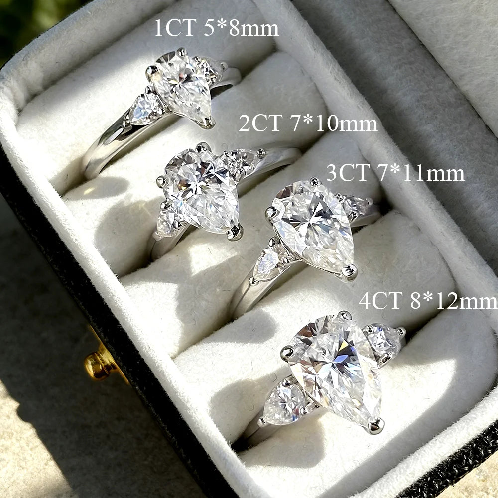 1/2/3/4CT Pear Cut Moissanite 3-stone Ring for Women S925 Silver Sparkling D Waterdrop Diamond Wedding Band Fine Jewelry