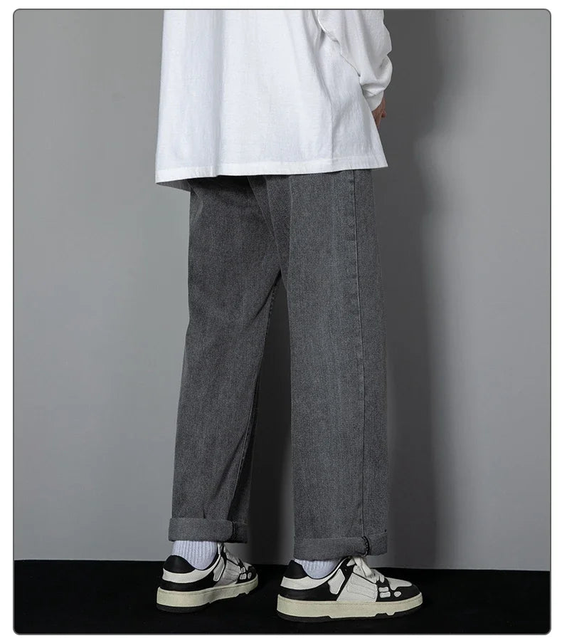 2026 New Korean Men's Casual Long Jeans Classic Man Straight Denim Wide-leg Pants Solid Color Light Blue Black 3XL Cargo Jean