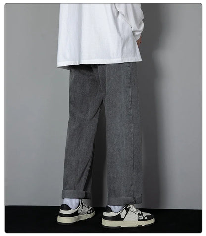 2026 New Korean Men's Casual Long Jeans Classic Man Straight Denim Wide-leg Pants Solid Color Light Blue Black 3XL Cargo Jean