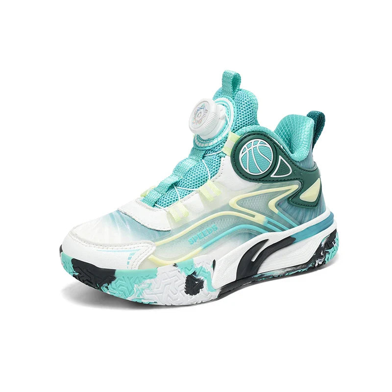 Children's basketball shoes boys' waterproof leather surface rotating buckle anti-slip and shock-absorbing student sports shoes