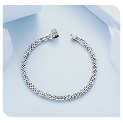 925 Sterling Silver Classic Square Buckle Bracelet Retro Braided Silver Chain Link for Women Platinum Plated Fine Jewelry