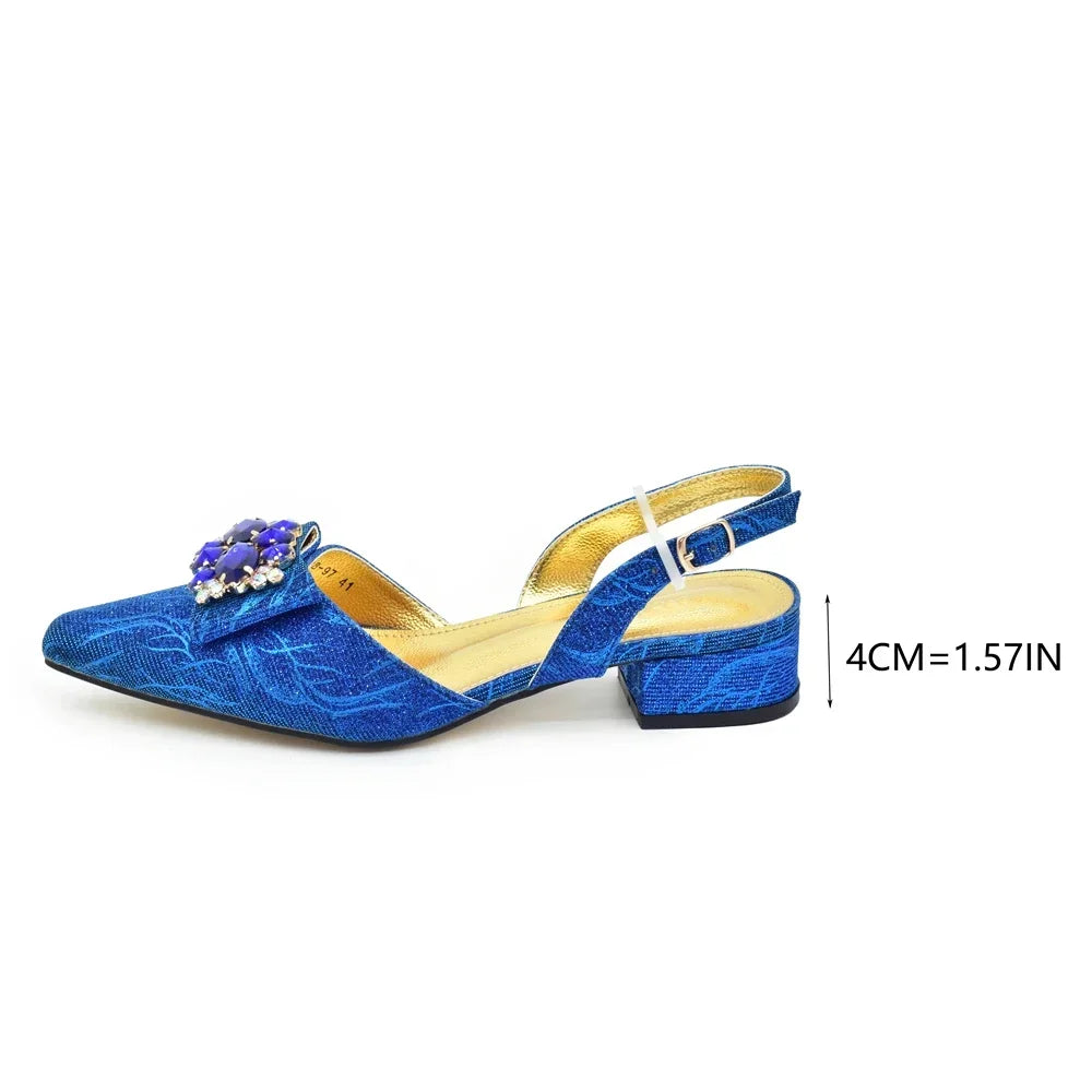 Women Shoes and Bags To Match Set Italy Lady Crystal Low Heels Pointed Toe Party Shoe and Bag African Women Ladies Wedding Pumps