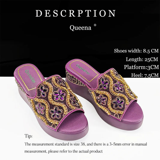 New Arrival Mature Style Platform Design Rhinestone Decoration Peep Toe Lady Shoes and Bag Set for Party Wedding