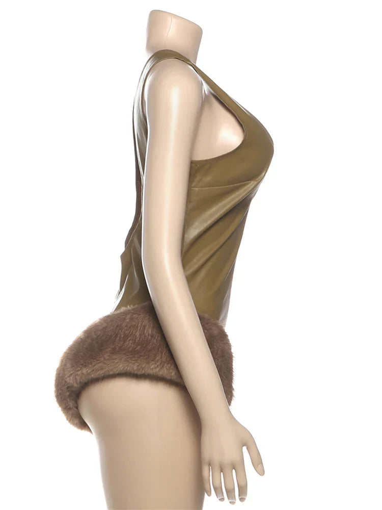 Faux Leather Skinny Bodysuits Woman Low-Neck Backless Sleeveless Furry Patchwork Hem Hot Girls High Street Style Bodycon