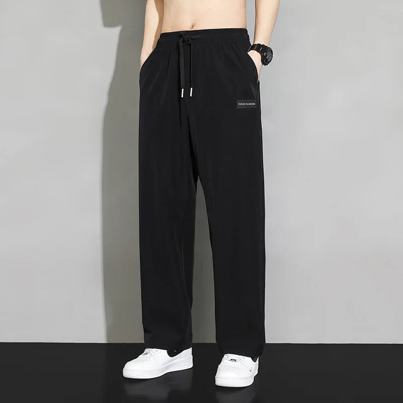 Men Drawstring Casual Pants Loose Drape Wide-leg Athleisure Pants Men Summer Thin Quick-drying Trousers Ice Silk Straight Pants