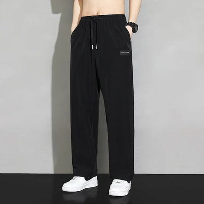 Men Drawstring Casual Pants Loose Drape Wide-leg Athleisure Pants Men Summer Thin Quick-drying Trousers Ice Silk Straight Pants